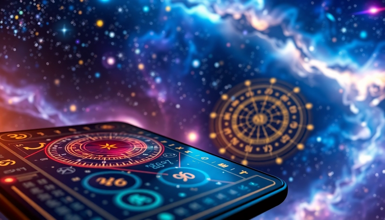 Engaging illustration of the Destiny Matrix Chart App showing cosmic elements and astrological symbols.