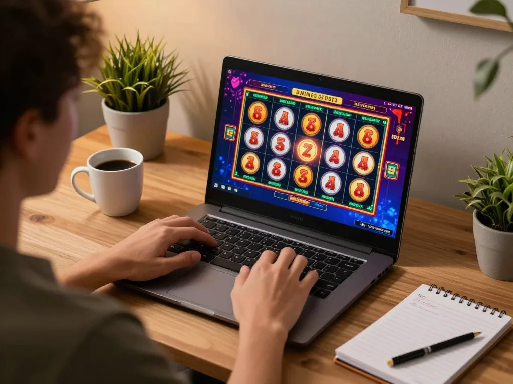 C168 player spinning online slots on a laptop, showcasing strategic betting in a cozy home setting.