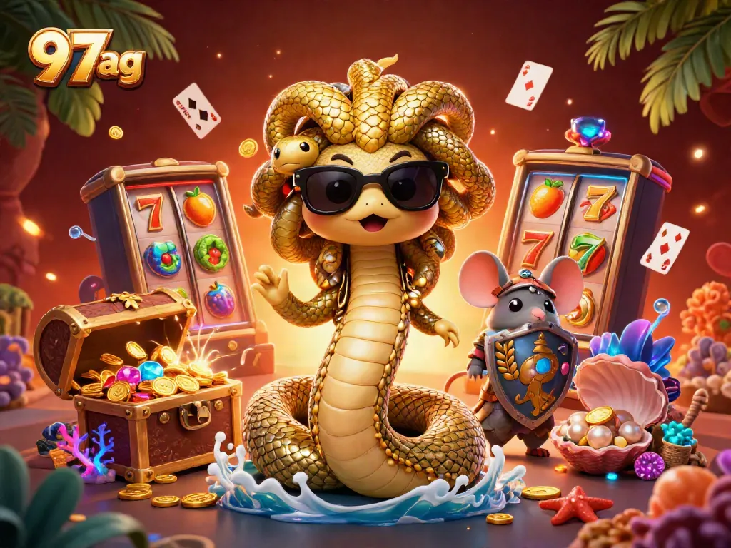 Engage with 97ag's vibrant casino gaming experience, featuring dynamic characters amidst slot reels and winnings.