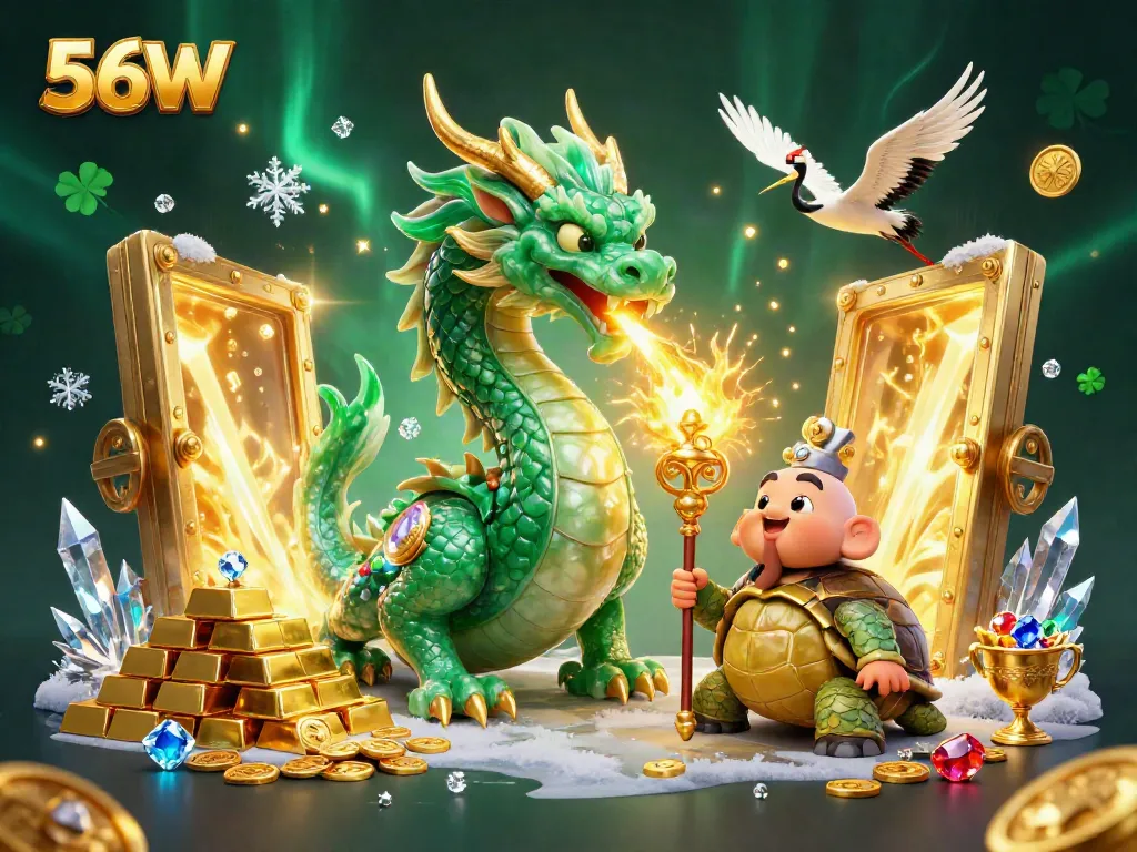 Engaging 56W scene featuring a jade dragon, turtle sage, and lucky cranes amidst golden treasures.