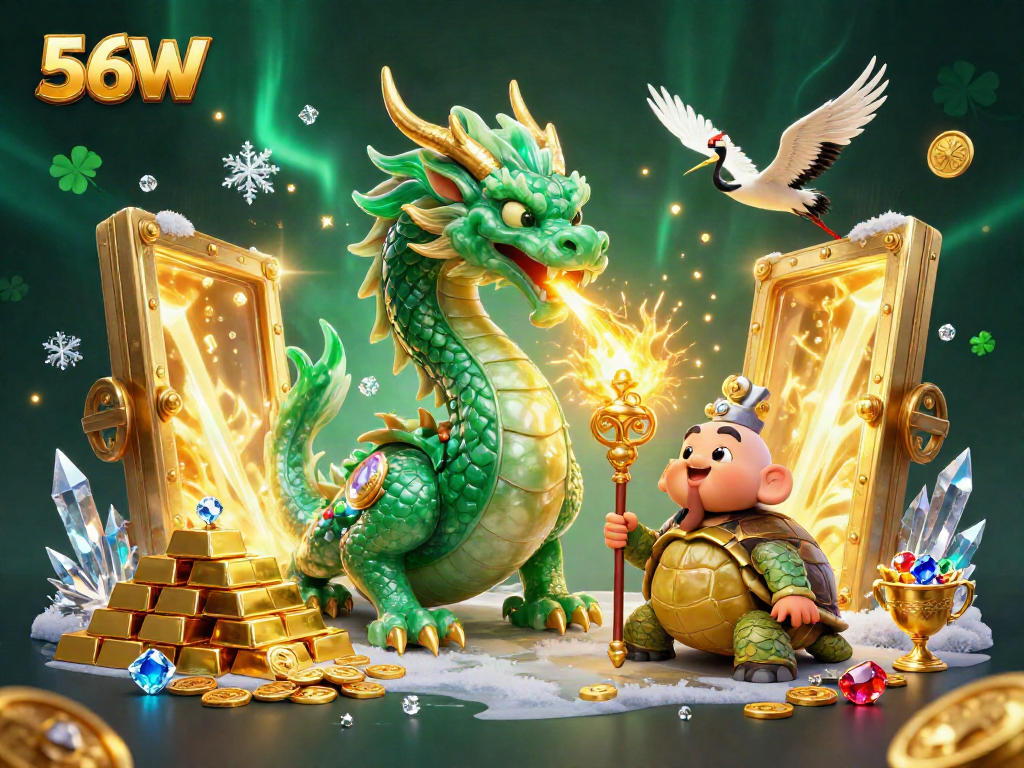 Engaging 56W scene featuring a jade dragon, turtle sage, and lucky cranes amidst golden treasures.