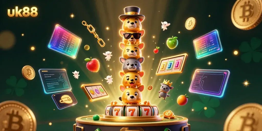 Experience the excitement of uk88 with vibrant slot game elements and a totem pole surrounded by cryptocurrency coins.