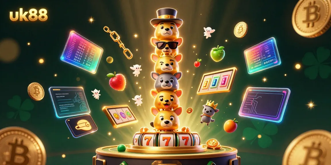Experience the excitement of uk88 with vibrant slot game elements and a totem pole surrounded by cryptocurrency coins.