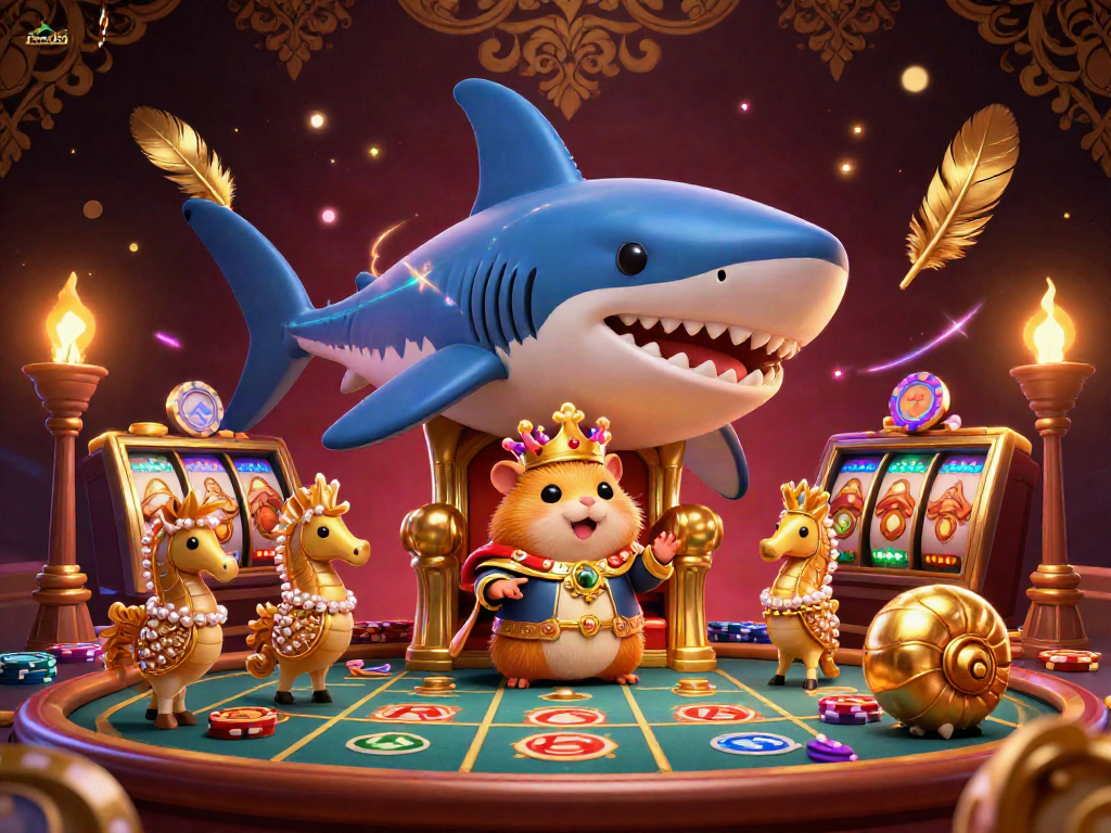 Engage with cm88 and experience the vibrant energy of a digital casino featuring a fierce hamster king surrounded by animated gambling elements.