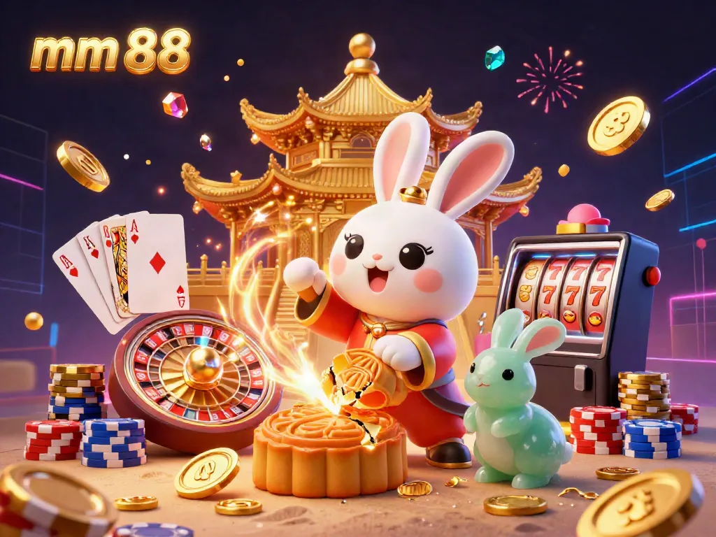 Win big at mm 88 with a vibrant 3D illustration of a moon rabbit and casino elements celebrating success.