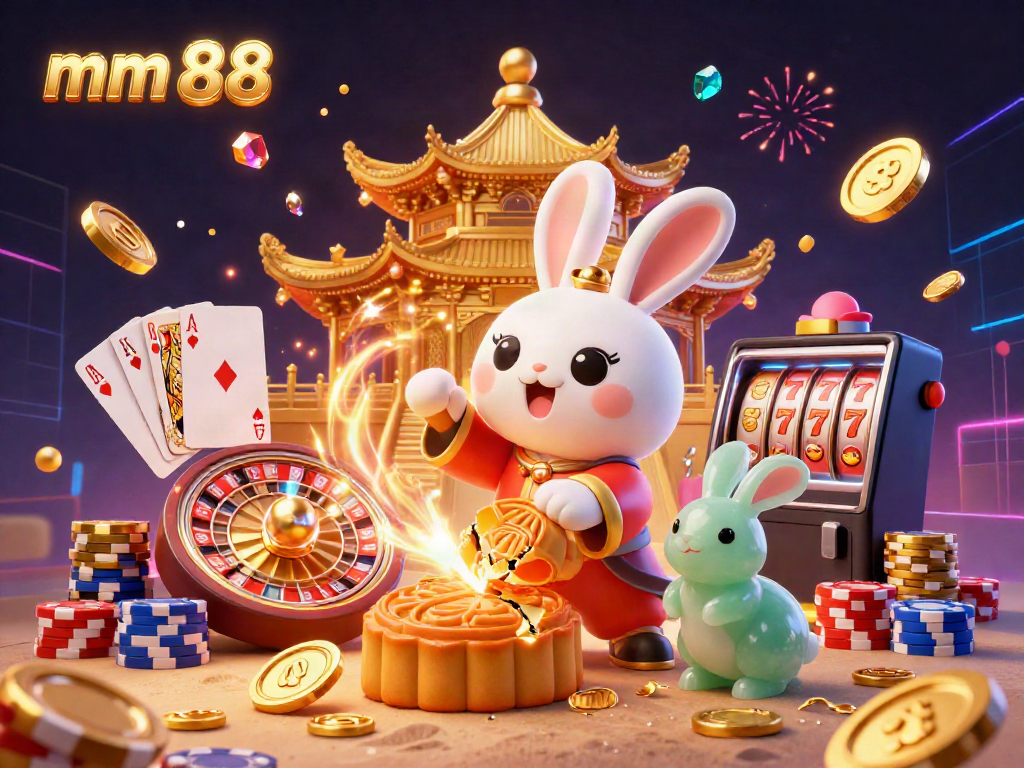 Win big at mm 88 with a vibrant 3D illustration of a moon rabbit and casino elements celebrating success.