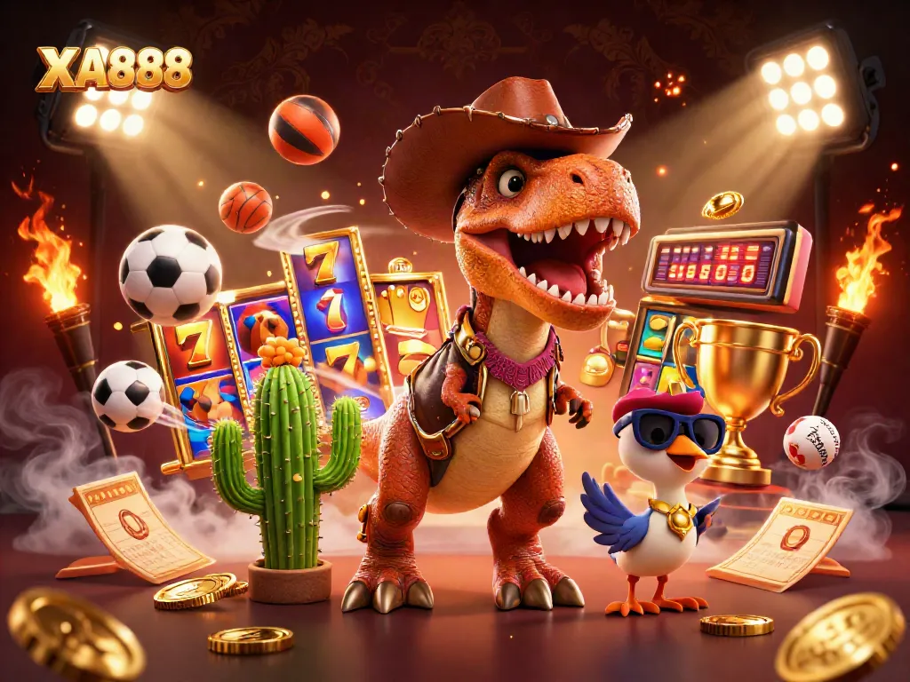 XA888 features a vibrant scene with T-Rex, cactus, and roadrunner showcasing slot reels and golden elements.