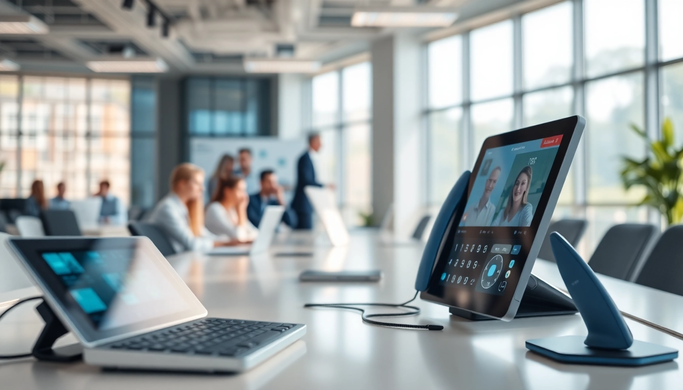 Showcasing remote call control technology in a modern office environment, promoting seamless communication.