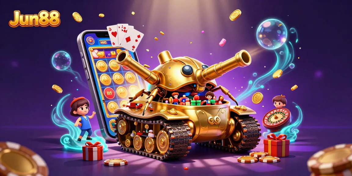 Experience Jun88 with a vibrant casino scene featuring a golden beetle tank and explosive gaming elements.