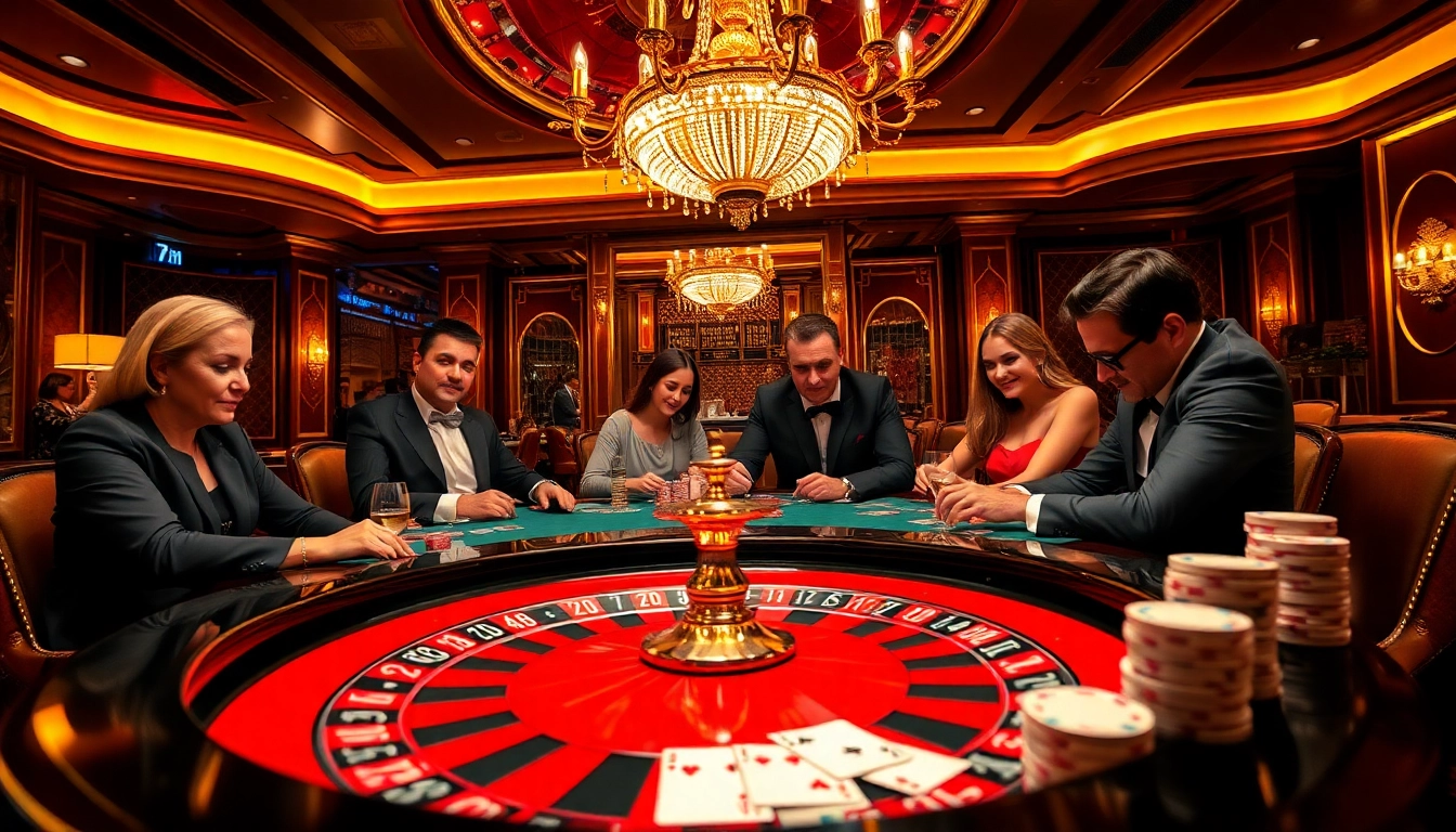 Players strategize at a luxurious casino table with 7m poker chips, showcasing an exciting gambling atmosphere.