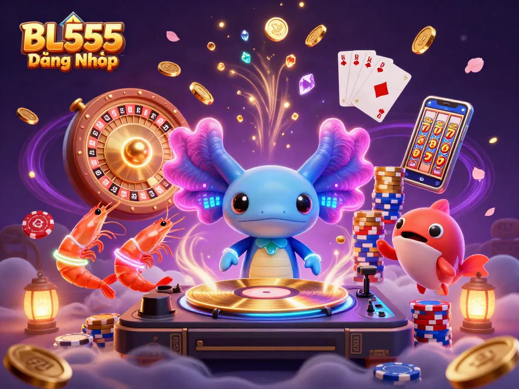 Experience the vibrant BL555 Đăng Nhập scene with a DJ axolotl and casino elements illuminating the underwater realm.