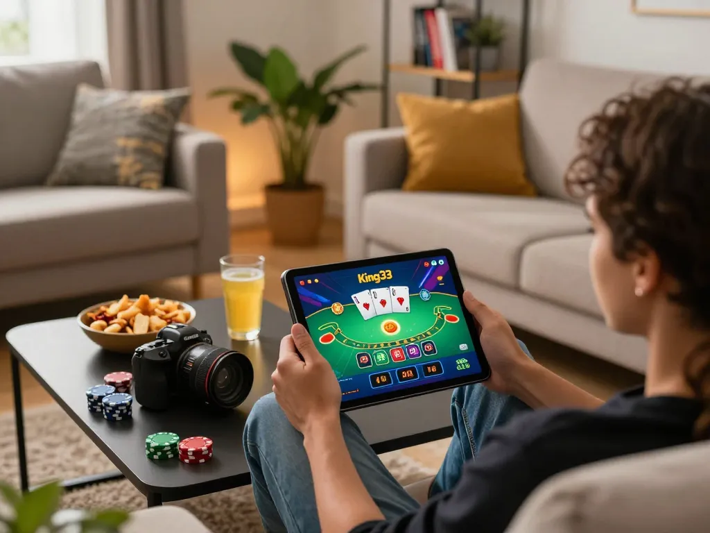 Engaged player enjoying king33 online casino on tablet in a cozy home setting
