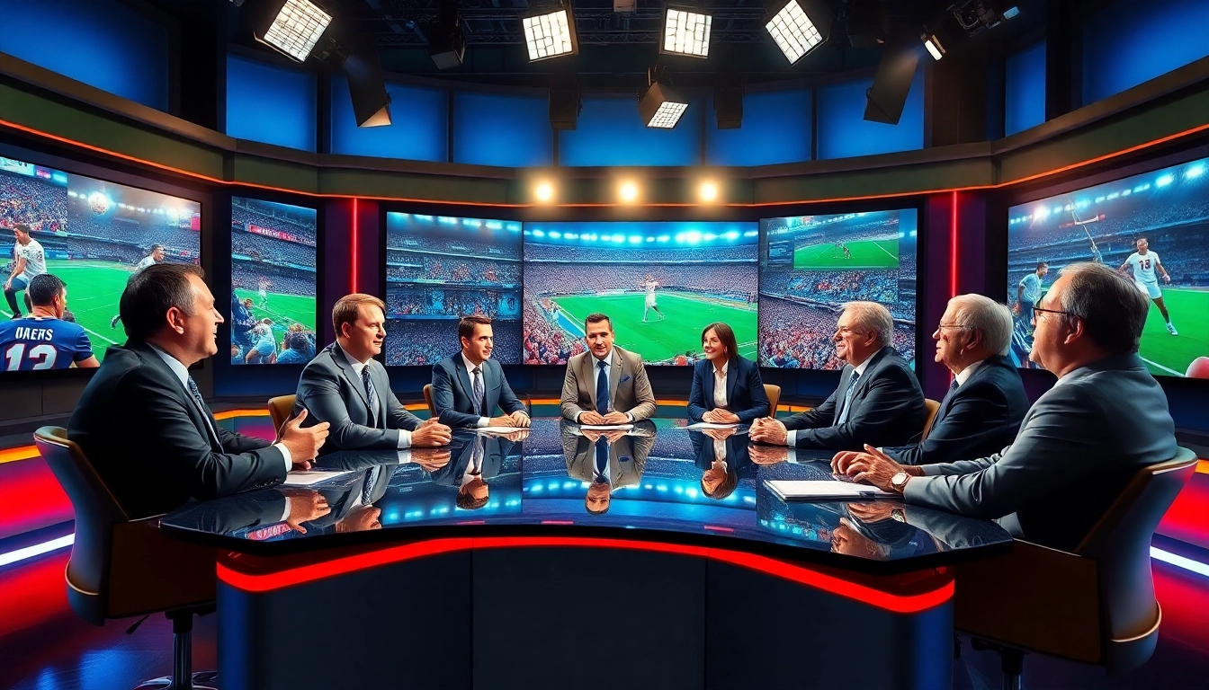 Engaging sports broadcasting panel discussing live events in a vibrant studio setting.