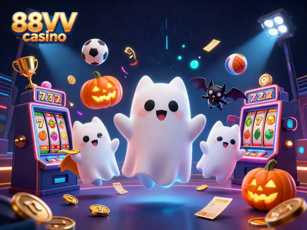 Experience the thrill at 88VV casino with a ghostly cat and vampire bat amidst vibrant slot games and rich casino elements.