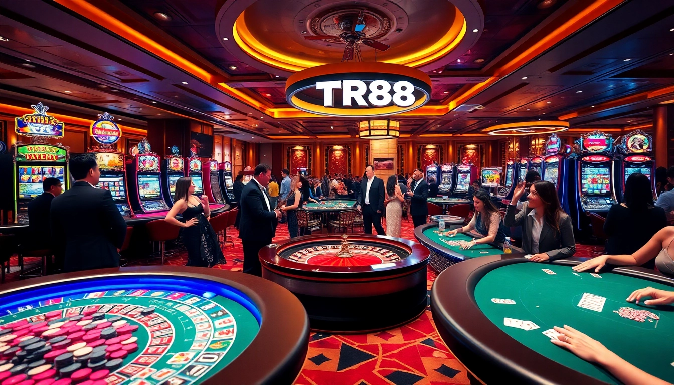 Players enjoying a lively TR88 casino atmosphere with vibrant machines and engaging tables.
