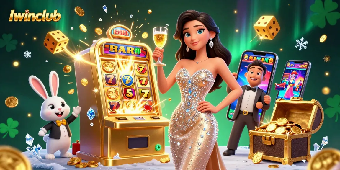 Iwinclub celebrates a vibrant casino scene with a woman toasting beside a golden jackpot machine.