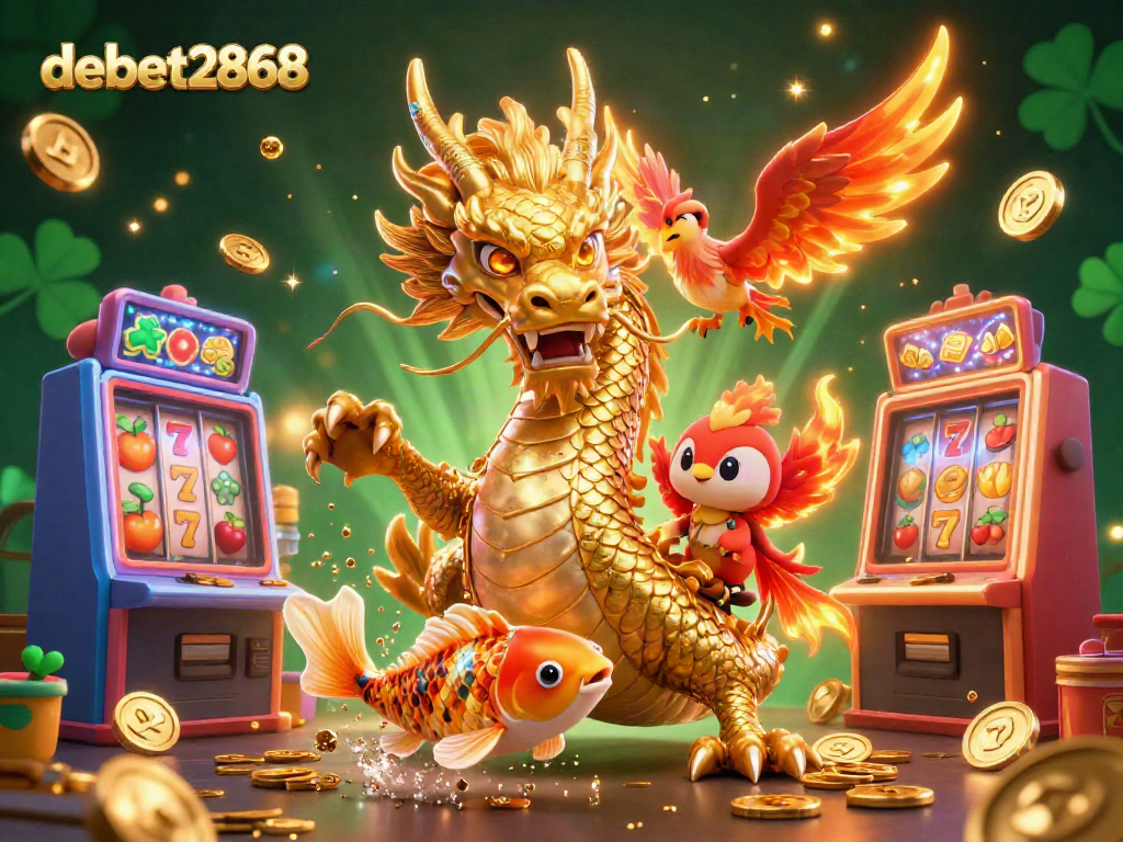 Experience winning thrills with debet2868 in this dynamic 3D casino illustration featuring a golden dragon and lucky symbols.