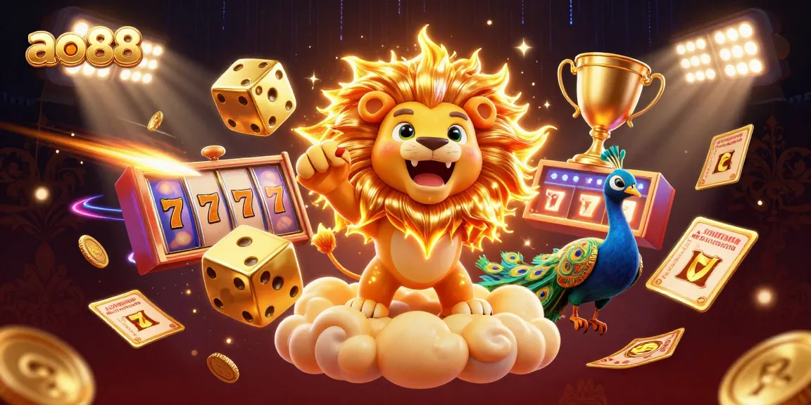 Experience thrilling wins with ao88 at this vibrant casino illustration featuring slot reels and dynamic elements.