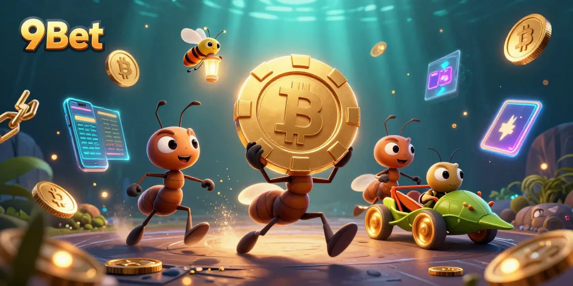 9Bet ants escape with gold poker chip through a tunnel, gaming-themed crypto elements abound.