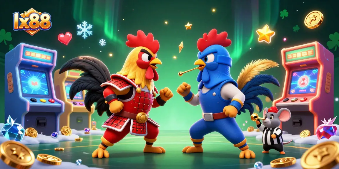 Experience the thrilling clash of lx88's samurai and ninja roosters in a vibrant gaming arena.