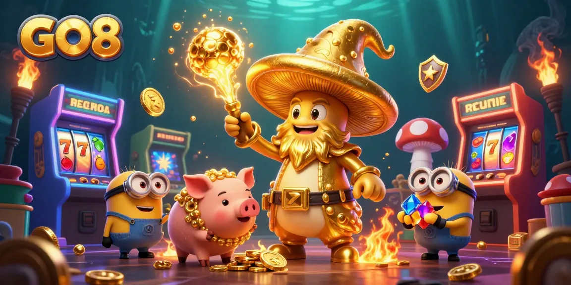 Experience the thrilling world of GO8 with a golden wizard, treasures, and vibrant casino game elements.
