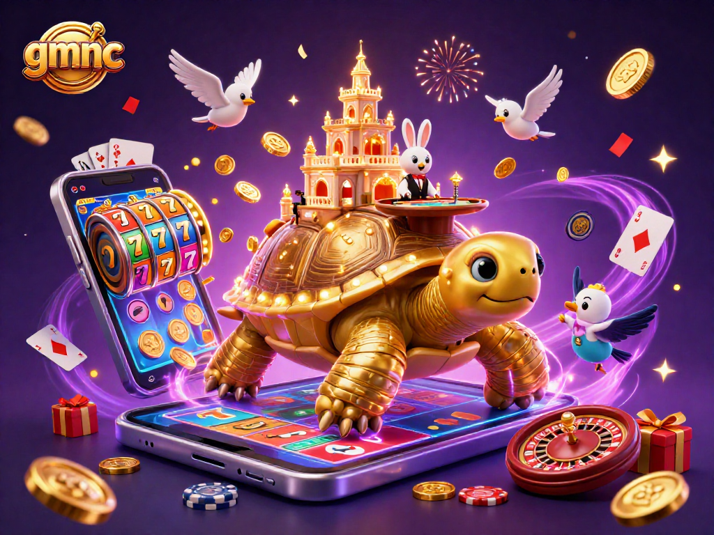 Play thrilling slots with gmnc, featuring a golden tortoise casino, a rabbit dealer, and festive golden coins.