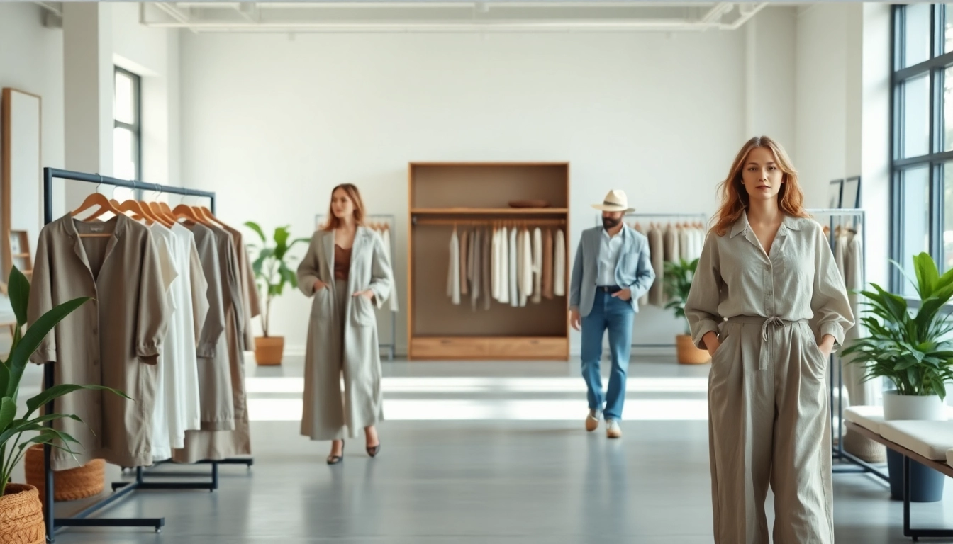A linen clothing manufacturer showcases elegant garments in a stylish showroom.