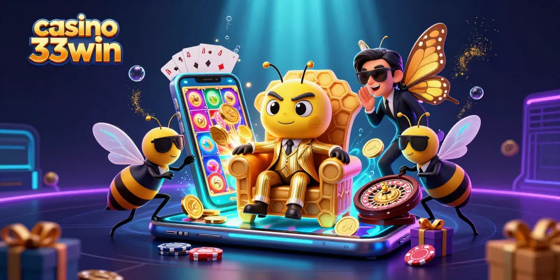 Engaging scene of casino 33win showcasing a bumblebee mob boss and gaming elements, perfect for online promotion.