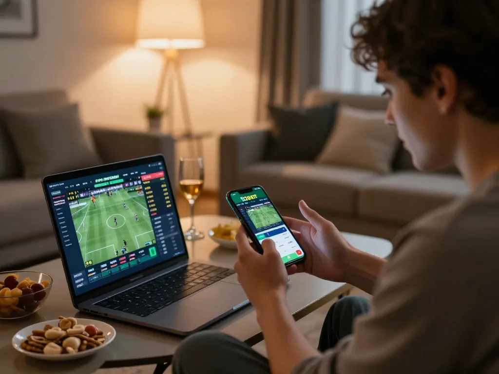 Participando de apostas esportivas móveis com o aplicativo da 12bet em um ambiente aconchegante, ilustrando empolgação e estratégia.