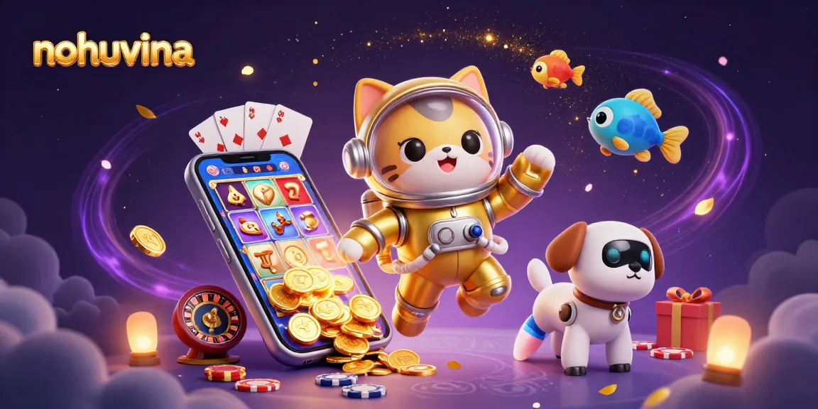 Nohuvina's vibrant casino adventure with a space cat and robot dog in a magical scene.