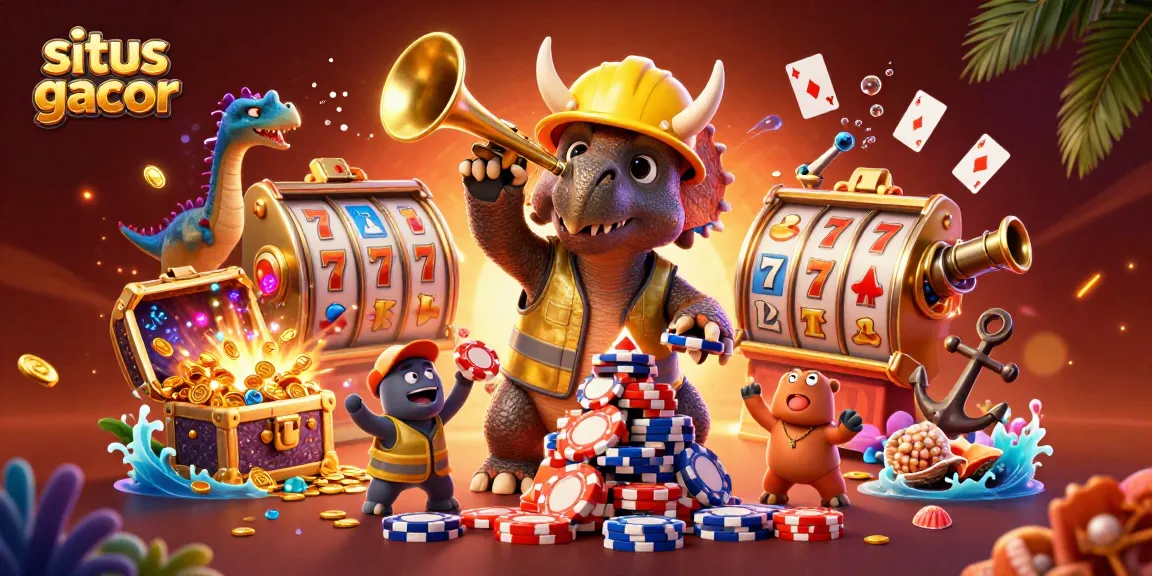 Situs gacor introduces a vibrant 3D casino scene with a triceratops building poker chip pyramids.