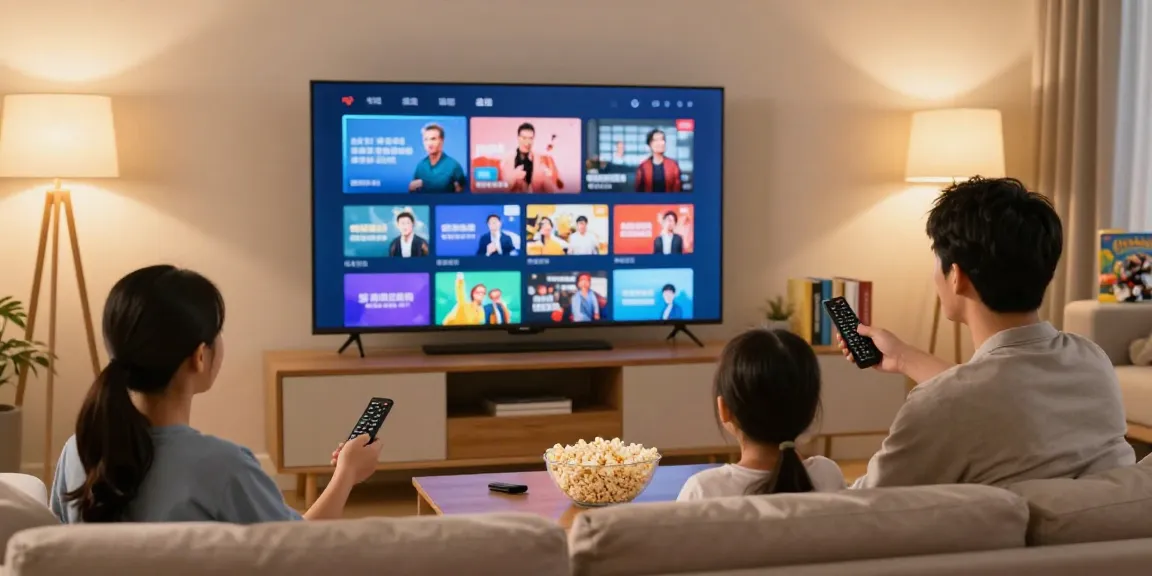 Família assistindo IPTV em sala de estar aconchegante, promovendo momentos de entretenimento.