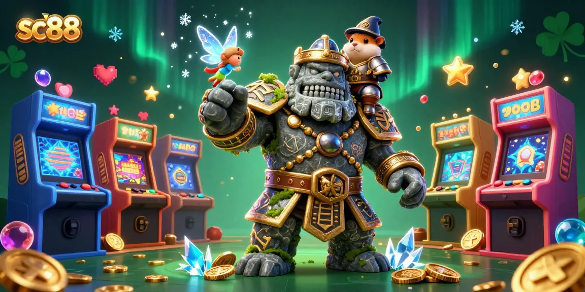 Experience thrilling winnings at sc88 with a vibrant 3D casino illustration featuring a magical golem and fairy.