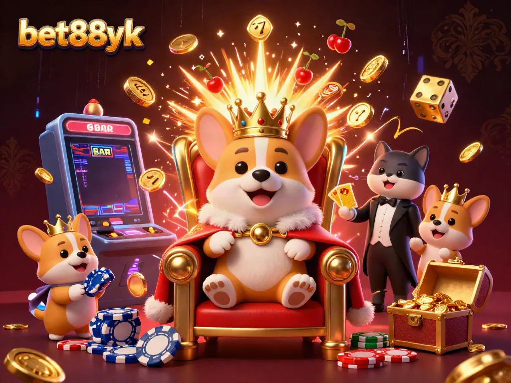 Experience the excitement at bet88yk with colorful slots and royal corgi characters amidst casino riches.