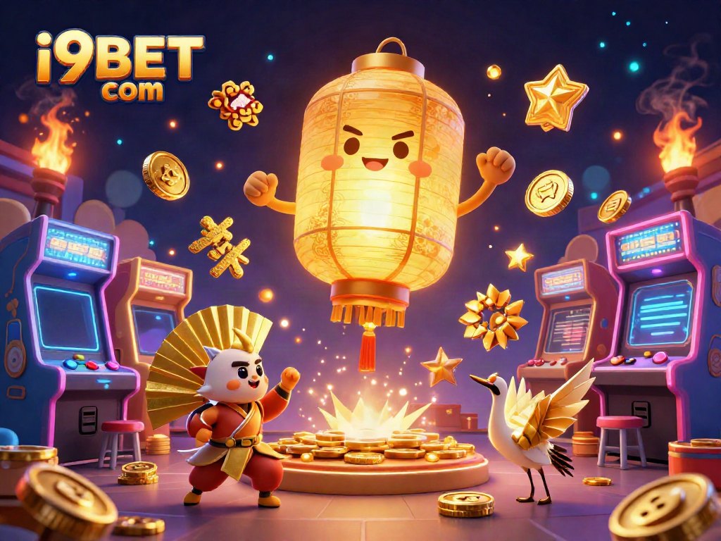 Engage with i9BET com in this dynamic 3D casino scene featuring golden lantern spirits and arcade games.