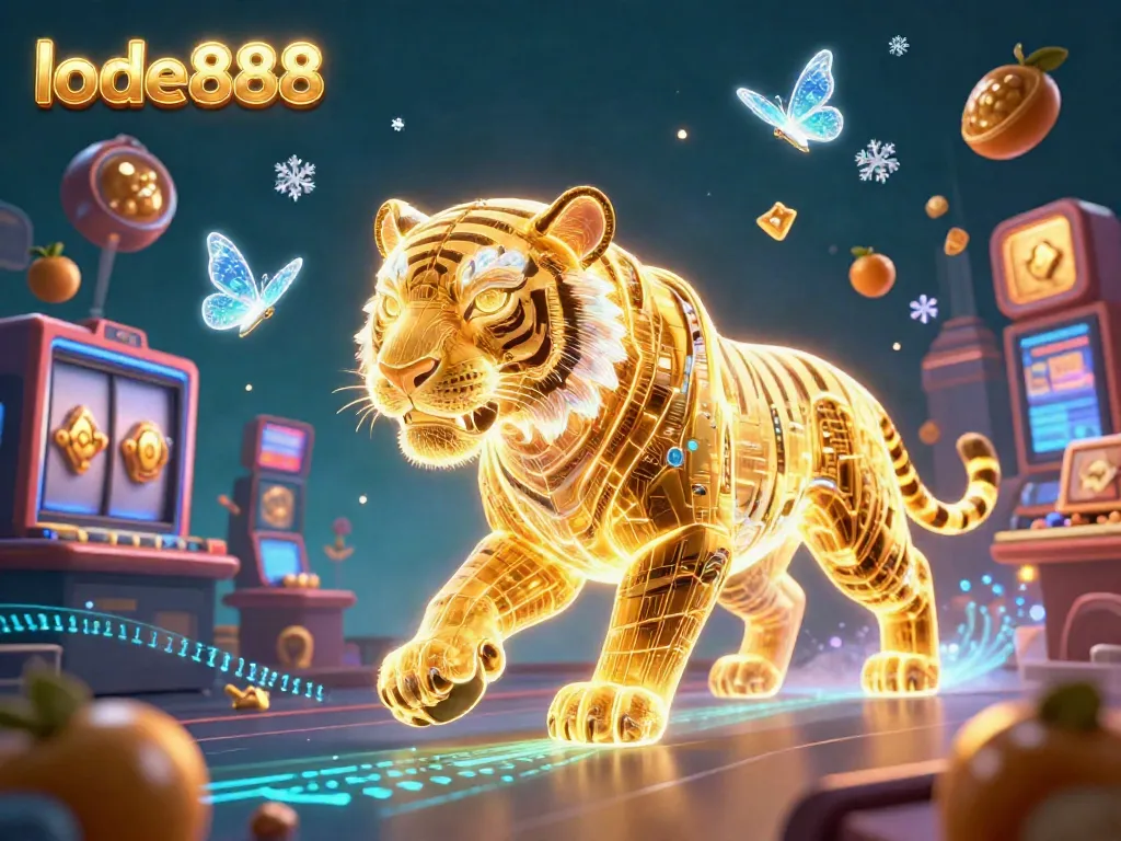 Engage with lode888 at a dynamic casino scene, where a neon tiger and holographic butterflies illuminate the gaming experience.
