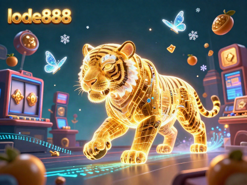 Engage with lode888 at a dynamic casino scene, where a neon tiger and holographic butterflies illuminate the gaming experience.