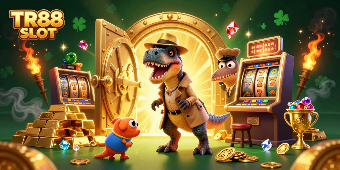 Engaging scene featuring TR88 SLOT with cartoon velociraptor card counter at a slot machine.