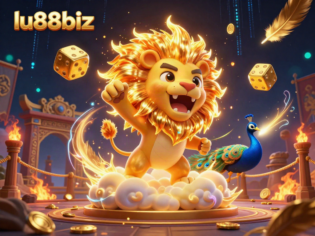Experience gaming excitement with lu88biz featuring vibrant 3D casino elements, a roaring lion, and golden dice.
