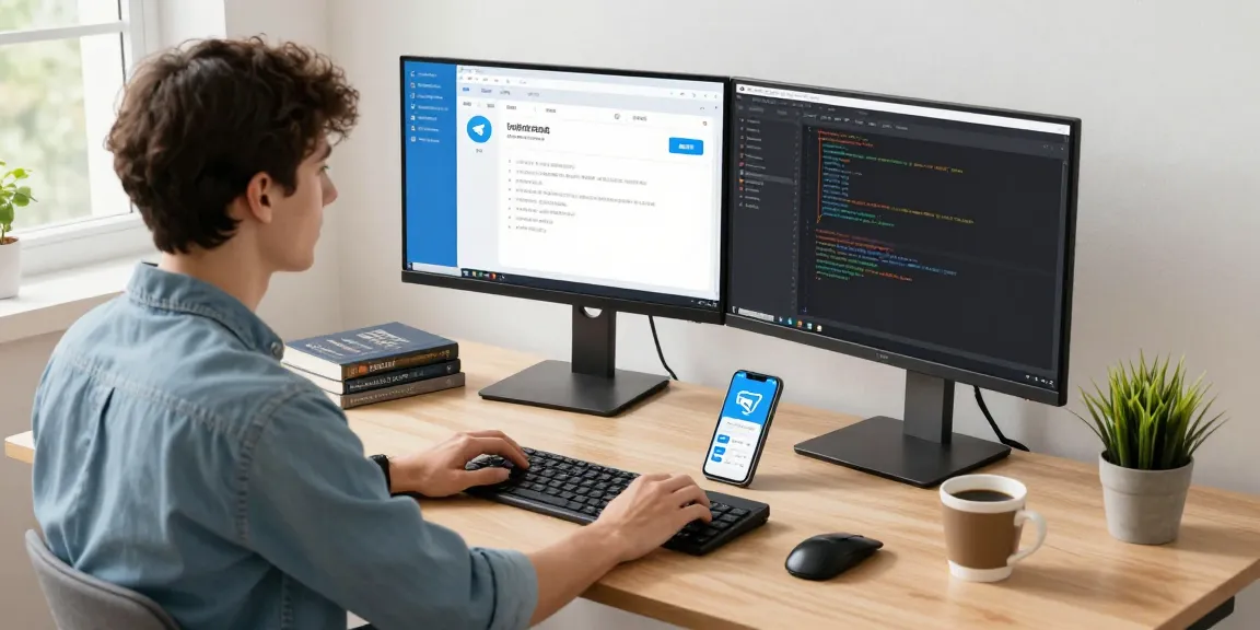 Developer using Telegram Chinese interface in a modern workspace setting with dual monitors and programming tools.