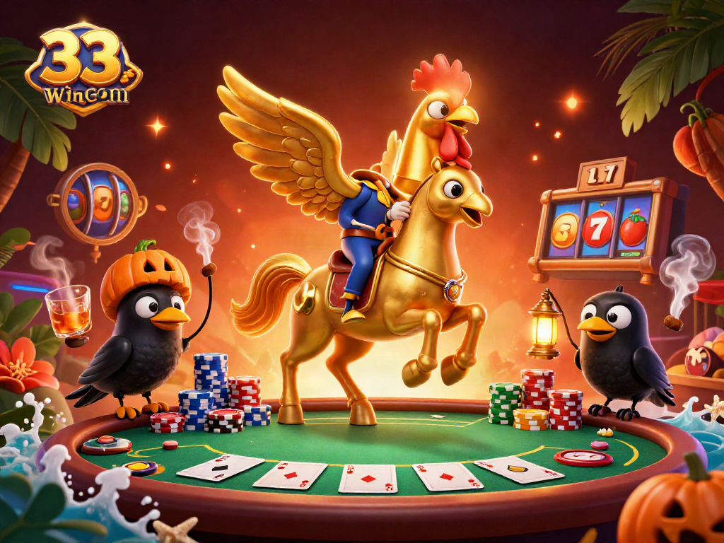 Engage with 33wincom in this vibrant 3D casino scene featuring colorful poker elements and festive characters.