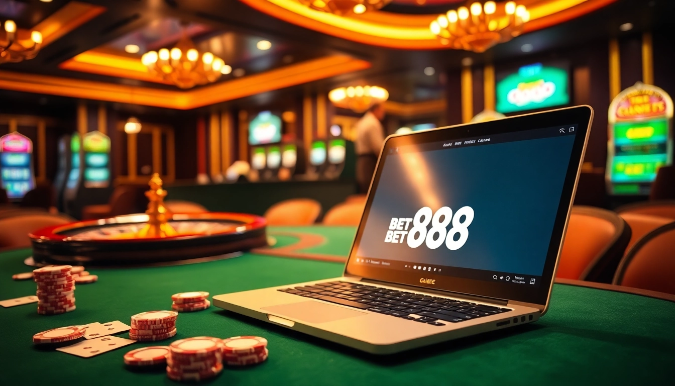Exciting Bet 88 casino scene with poker chips, cards, and roulette wheel.