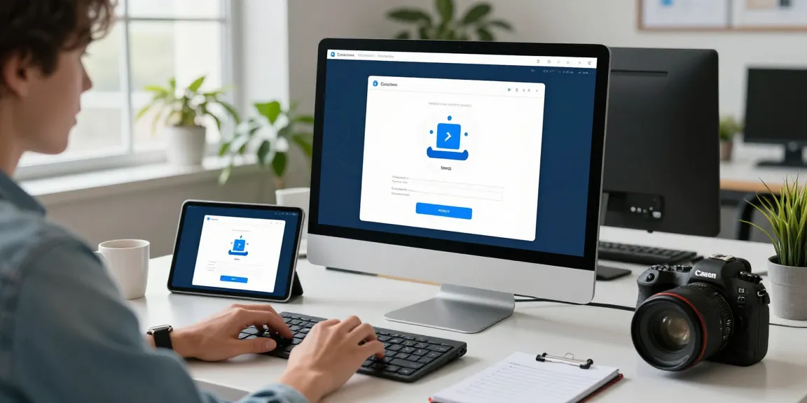 Baixar vídeos online grátis através do aplicativo Muka, em um ambiente de trabalho moderno e iluminado.