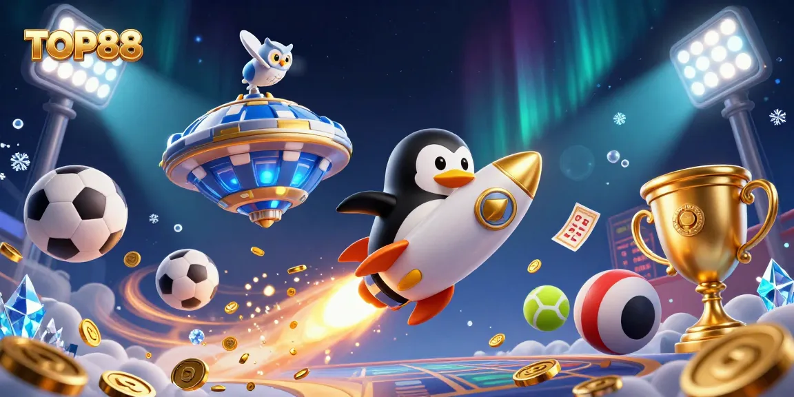 TOP88 promotes winning strategies depicted by a penguin rocket soaring toward a casino chip space station.