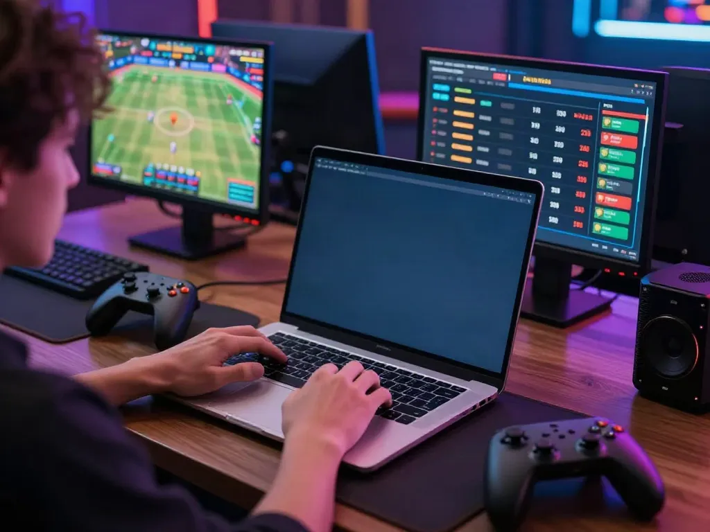 Engaged user enjoying online sports betting at TA88 with vibrant tech setup.