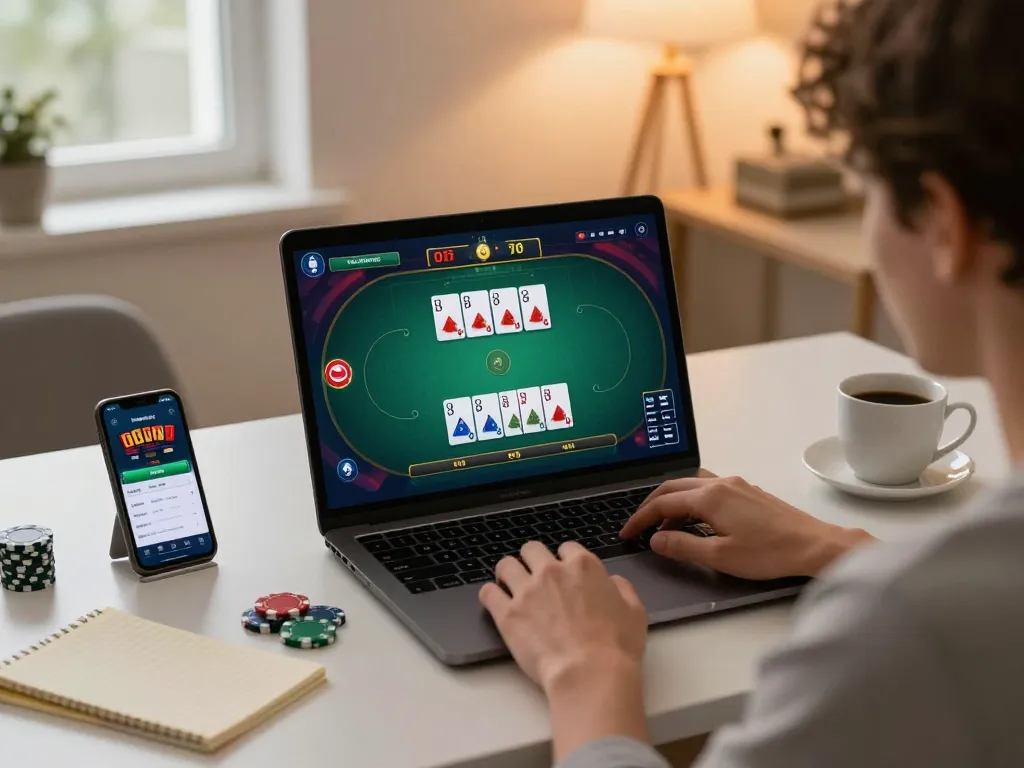 uu88 player engaged in online poker, focusing on game strategy, cozy home setting with laptop.