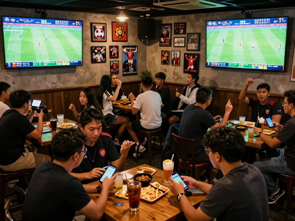 Soi kèo bóng đá action in lively sports bar, fans engaged in betting and watching live matches.