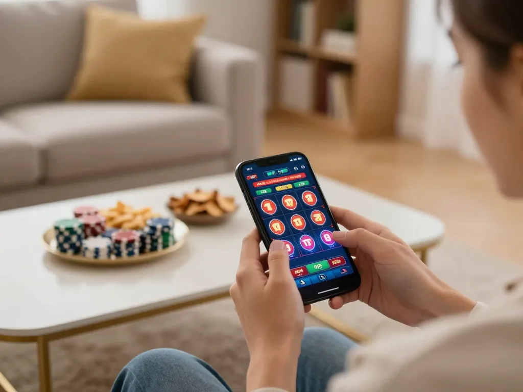 Person engaging with 99ok online casino app on smartphone, showcasing vibrant gameplay.