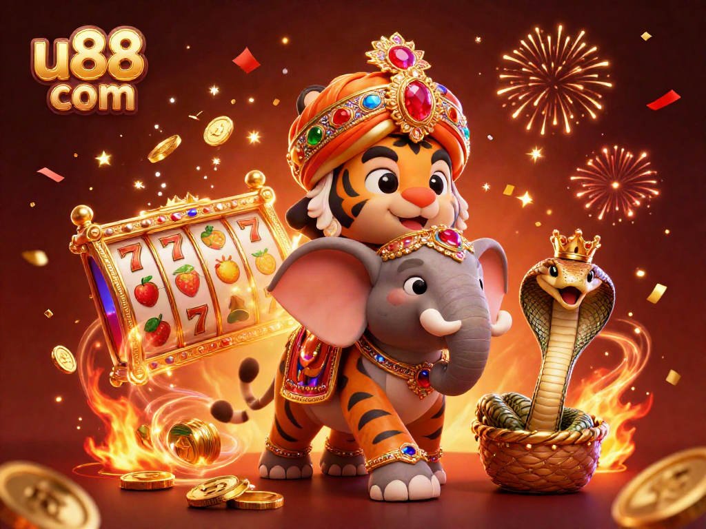 Experience rich gambling action with U88 com's vibrant tiger and elephant surrounded by golden slot games and celebratory elements.