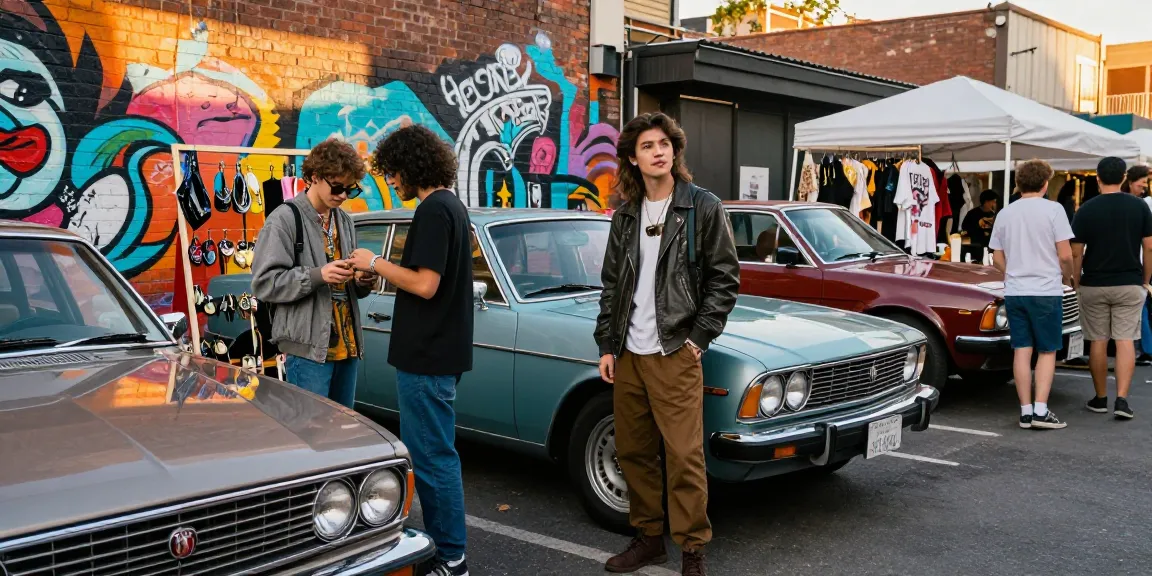 Stylish urban fashion scene featuring rokok88 styles amidst vintage cars and street art